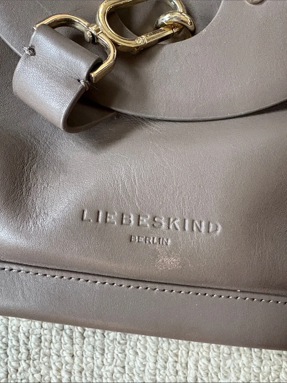Liebeskind Taupe Brown Leather Crossbody Bag with Gold Hardware Lobster Clasp